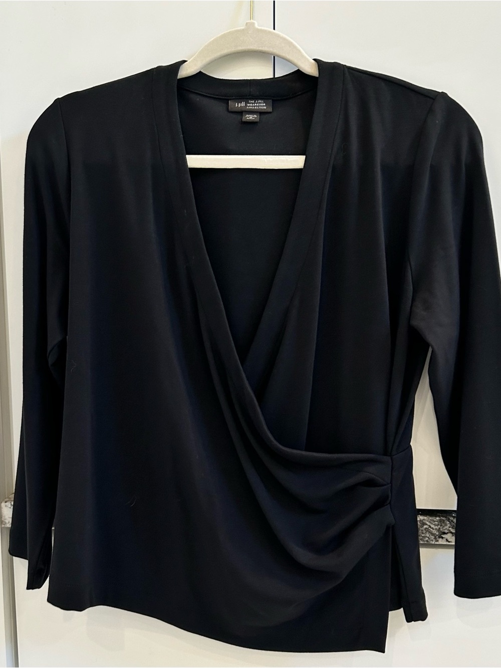 J Jill  Black Draped Faux Wrap-Front Long Sleeve Top